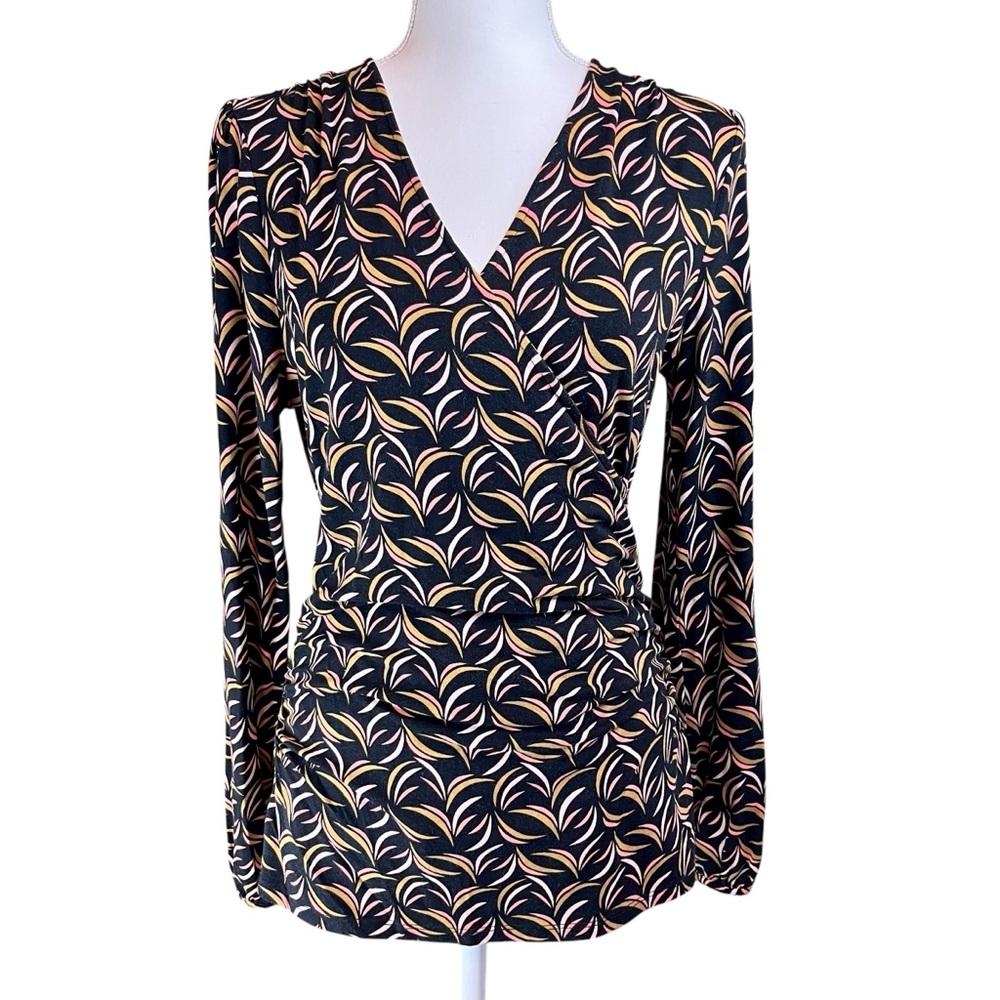 BODEN Black‎ Print Surplice Stretch Top Shirt Sz 10 Stretch Office Work Ruched
